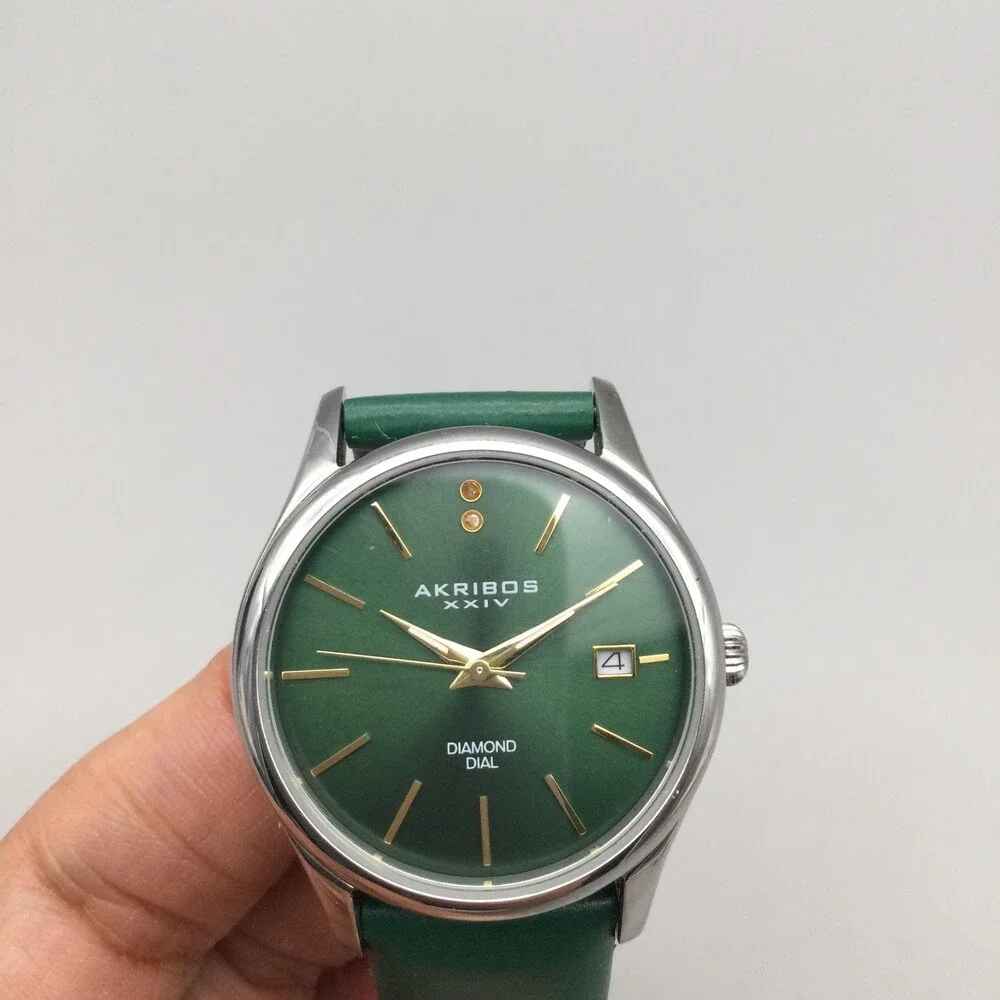 Akribos XXIV Womens Watch 34mm Green Diamond Dial Date Dress New Battery